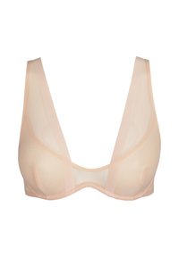 Huidkleurige beha met een transparant ontwerp, voorzien van brede netbanden en contourcups. Glad oppervlak met een diepe halslijn.