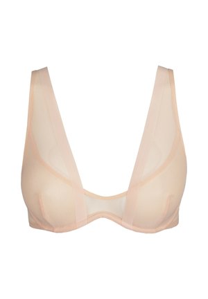 Huidkleurige beha met een transparant ontwerp, voorzien van brede netbanden en contourcups. Glad oppervlak met een diepe halslijn.
