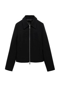 Veste courte noire avec col, dotée d'une fermeture éclair frontale, d'une texture lisse et d'un design minimaliste sans ornements.