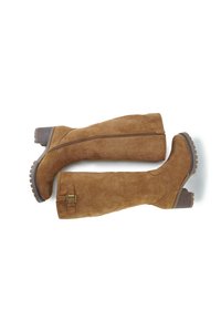 Tawny suède over-the-knee laarzen met een chunky hak, achterkant ritsluiting en decoratieve gespdetails op de schacht. Rubberen zool met grip.