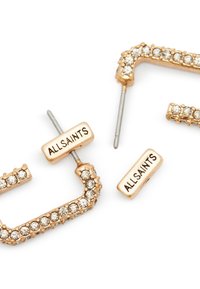 Orecchini dorati a forma di rettangoli aperti, decorati con strass trasparenti, dotati di un piccolo collare "ALLSAINTS".