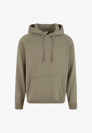 Lys olivengrøn hættetrøje med kengurulomme, ribbede manchetter og snørebånd, lavet af blødt bomuldsblandingsstof.