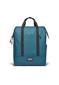 Blå tygryggsäck med svarta remmar och detaljer. Har en logotyp patch, dragkedjestängning och sidofickor för extra förvaring.