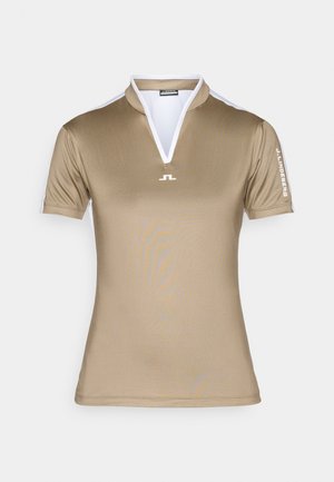 Khaki kortermet polo skjorte med hvit krage, V-hals design og subtil tekstur. Har hvite detaljer på ermene og logo.