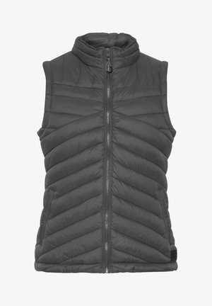 Gray puffer vest with a high collar, featuring a front zipper and chevron quilted design, made from lightweight, padded material.