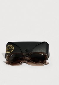 Ray-Ban sunglasses with brown-tinted lenses, rectangular shape, and clear brown plastic frames. Comes with a black leather case featuring logo.