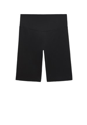 Schwarze, hoch taillierte Radshorts aus dehnbarem Stoff. Verfügt über eine glatte Textur und ein enges Design, das bis zur Mitte des Oberschenkels reicht.