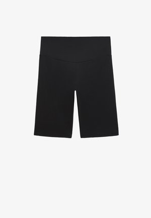 Schwarze, hoch taillierte Radshorts aus dehnbarem Stoff. Verfügt über eine glatte Textur und ein enges Design, das bis zur Mitte des Oberschenkels reicht.
