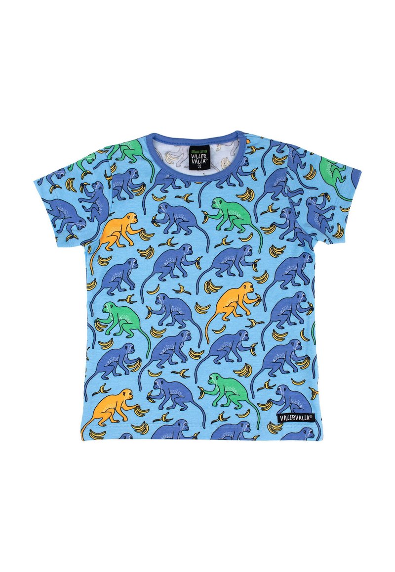 Sininen puuvillapaita, jossa on leikkisiä apina- ja banaanikuosisia sinisen, vihreän, oranssin ja keltaisen väreissä. Lyhyet hihat ja pyöreä kaula-aukko.