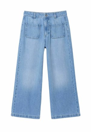 Jasnoniebieskie szerokie dżinsy z wysokim stanem, zapinane z przodu na guziki, z szlufkami na pasek i dwoma dużymi naszywanymi kieszeniami z przodu.