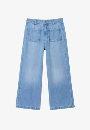 Blugi din denim albastru deschis, cu croială largă la picioare, talie înaltă, închidere frontală cu nasturi, bucle pentru curea și două buzunare mari aplicate în față.