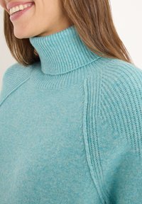 Türkiser Rollkragenpullover aus weichem Strickmaterial mit geripptem Muster und kontrastierenden Ärmelakzenten. Glatte Oberfläche und lockere Passform.