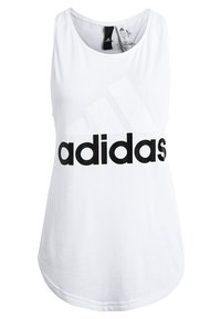 Débardeur blanc à encolure ronde et coupe ample, arborant un grand logo "adidas" noir et trois bandes diagonales gris clair.