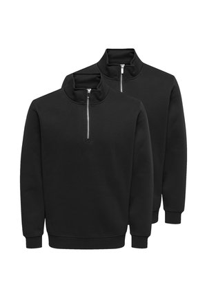 Zwei schwarze Sweatshirts mit Viertelreißverschluss, Stehkragen sowie gerippten Bündchen und Säumen, vor einem weißen Hintergrund dargestellt.