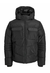 Sort pufferjakke med hætte, lynlås lukning, to brystlommer og syede paneler til isolering. Glat tekstur og ensfarvet.