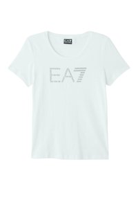 T-shirt bianco a maniche corte con scollo rotondo. Caratterizzato da un logo "EA7" lucido in un motivo a pois sul davanti, realizzato in tessuto morbido.