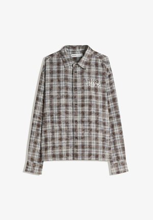 Langearmige button-up shirt met een blauw en bruin ruitpatroon en witte "Velvet Chaos" tekst op de linkerborst.