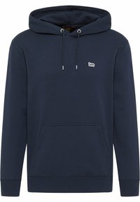 Granatowa bluza z kapturem wykonana z miękkiego materiału, z kieszenią kangurzą, sznurkami do regulacji oraz wyszywanym logo "Lee" na klatce piersiowej. Zawiera ściągacze na mankietach.