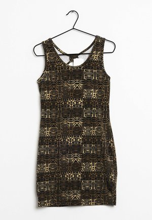 Schwarz und gold gemustertes, tailliertes Kleid, ärmelloses Design, mit geometrischen Formen, glatter Textur und Rundhalsausschnitt.