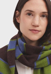 Écharpe tricotée présentant des rayures horizontales dans des teintes de marron foncé, bleu et vert. Le matériau semble doux avec une texture lisse.