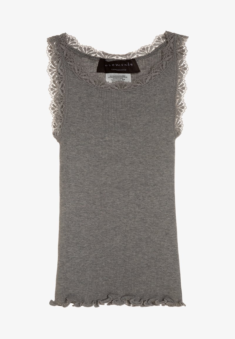 Débardeur gris à côtes avec une dentelle autour de l'encolure et un ourlet volanté. Fabriqué en tissu doux, idéal pour le layering ou pour un style décontracté.