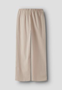 Pantalons beige à jambes larges avec une taille élastique, dotés de subtiles rayures verticales et d'une texture lisse. Sans fermetures à l'avant.