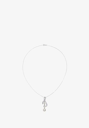 Srebrny naszyjnik z gładkim, zakrzywionym wisiorkiem zdobionym dwoma perłami i dekoracyjnymi kryształkami. Cienki, elastyczny łańcuszek.