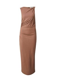 Braunes, ärmelloses Kleid mit drapiertem Muster und asymmetrischem Ausschnitt, knielang, mit einem dezenten seitlichen Reißverschluss zur Schlieung.