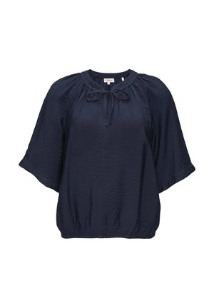 Marineblaue Bluse mit taillierter Form, gerafftem Halsausschnitt, Schleifenakzent und breiten kurzen Ärmeln. Texturierten Stoff mit elastischem Saum.
