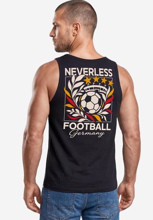 Muscular man facing left wearing a black tank top with a soccer ball, leaves, four stars, and text "Neverless Football Germany" on the back.