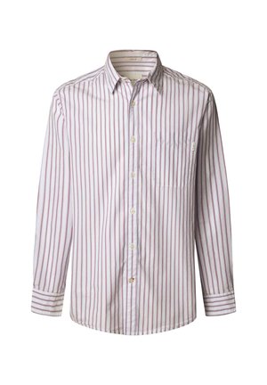 Biely košeľový top s tenkými červenými vertikálnymi pruhmi, golier s gombíkmi, predné vrecko a zapínanie na gombíky. Mäkká bavlnená látka.