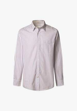 Balta krekla ar garām piedurknēm un plānām sarkānām vertikālām svītrām, apkakle ar pogām, priekšējais kabata un aizdare ar pogām. Mīksts kokvilnas audums.