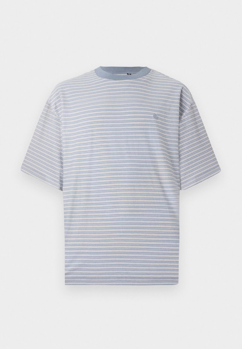 Striped t-shirt in light blue and white, featuring a round neckline and short sleeves. Made from soft fabric with a relaxed fit.