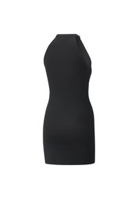Abito nero a costine con forma aderente, senza maniche, collo alto e texture liscia.