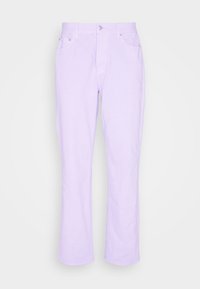 Džínové kalhoty levandulové bavlny s přímým střihem nohavic, pětiprvkovým designem kapes, zapínáním na knoflíky a kontrastním prošíváním.