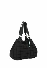 Borsa a tracolla nera imbottita con design trapuntato, dotata di doppie cinghie, hardware in argento e un accento azzurro chiaro sul tirante della cerniera.