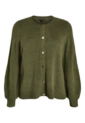 Olivovo zelený pletený kardigán s okrúhlym výstrihom, dlhými nadýchanými rukávmi, rebrovanými manžetami a lemom, s šiestimi ozdobnými zlatými gombíkmi po celej prednej časti.