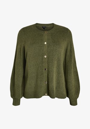 Maslinasto zelena pletena vestica s okruglim izrezom, dugim naduvanim rukavima, rebrastim manžetnama i rubom te sa šest dekorativnih zlatnih gumba sprijeda.