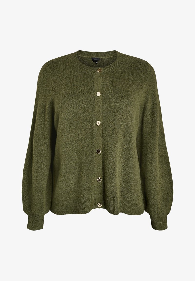 Cardigan de punto color verde oliva con cuello redondo, mangas largas abullonadas, puños y dobladillo acanalados, y seis botones decorativos dorados en la parte delantera.