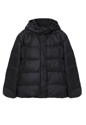Black puffer jacket with a hood, featuring a zip-up front, boxy shape, quilted texture, and adjustable drawstrings at the collar.