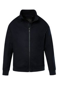 Marinblå zip-up jacka med hög krage, ribbade ärmslut och nederkant. Har sidofickor och slät tyg. Minimalistisk design utan mönster.