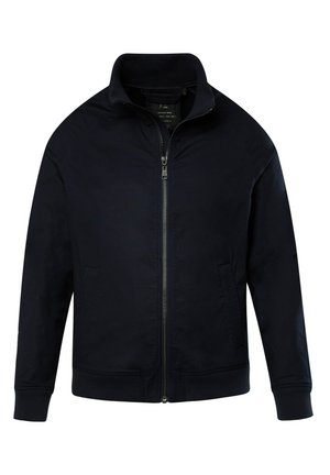 Giacca zip-up blu navy con colletto alto, polsini e orlo a coste. Presenta tasche laterali e tessuto liscio. Design minimalista senza motivi.