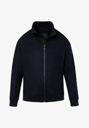 Granatowa kurtka zapinana na zamek z wysokim kołnierzem, prążkowanymi mankietami i dołem. Posiada boczne kieszenie oraz gładki materiał. Minimalistyczny design bez wzorów.