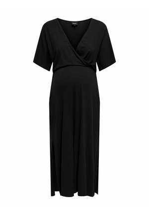 Black maternity dress with short sleeves, V-neck wrap bodice, and ankle-length skirt.
