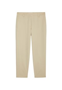 Pantalon beige en tissu lisse, caractérisé par une coupe droite, deux poches avant et un ourlet cousu.