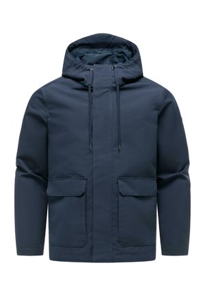 Mørkeblå hættejakke med lynlås foran, justerbare snore og to store klaplommer foran.