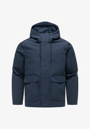 Giacca con cappuccio blu navy con cerniera frontale, coulisse regolabili e due grandi tasche con patta sul davanti.