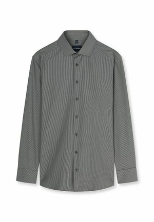 Camicia da uomo a maniche lunghe con piccolo motivo a quadretti in nero e grigio, con colletto classico e bottoni neri.