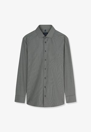 Herrenhemd mit langen Ärmeln und kleinem kariertem Muster in Schwarz und Grau, mit klassischem Kragen und schwarzen Knöpfen.