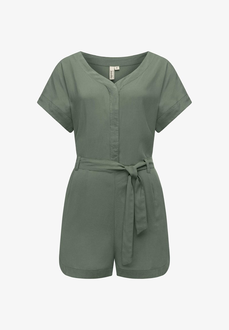 Short green jumpsuit in a lightweight fabric, featuring a V-neck, short sleeves, belt at the waist, and a relaxed fit with pockets.